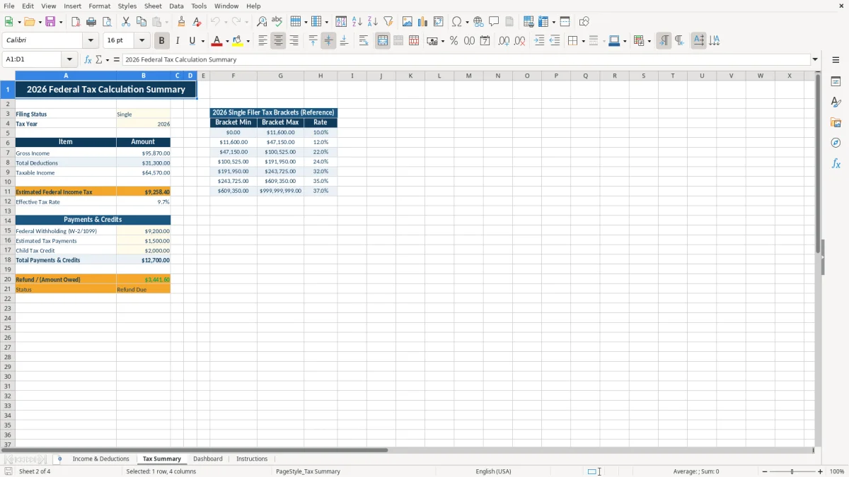 Screenshot 2: tab Tax Summary - Excel template tax return excel template