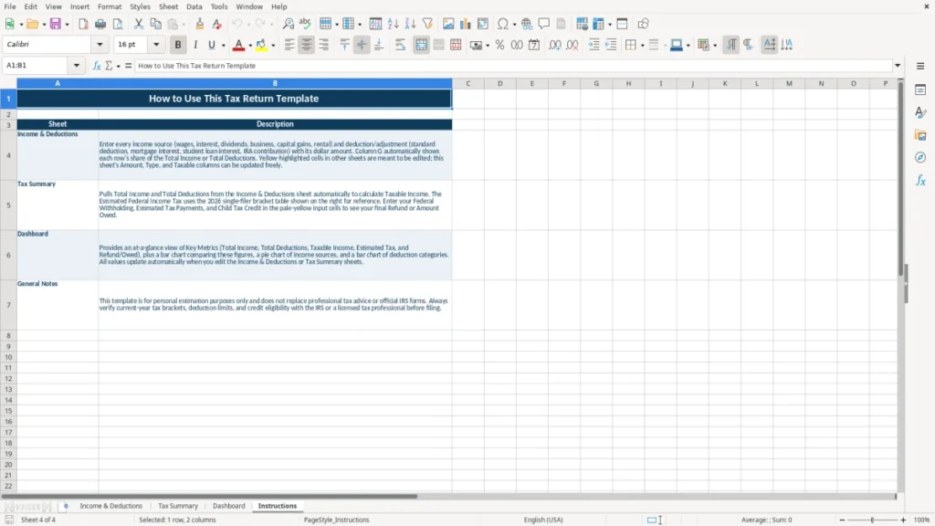 Instructions – Tax Return Excel – Free Template (2026)