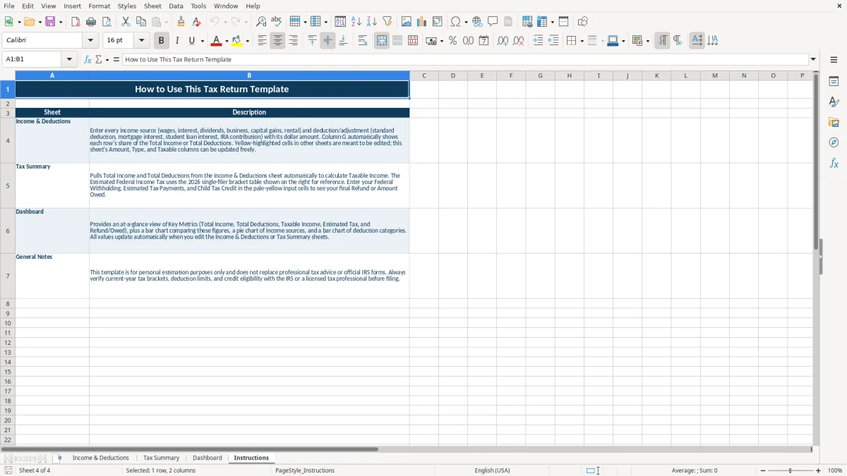 Screenshot 4: tab Instructions - Excel template tax return excel template