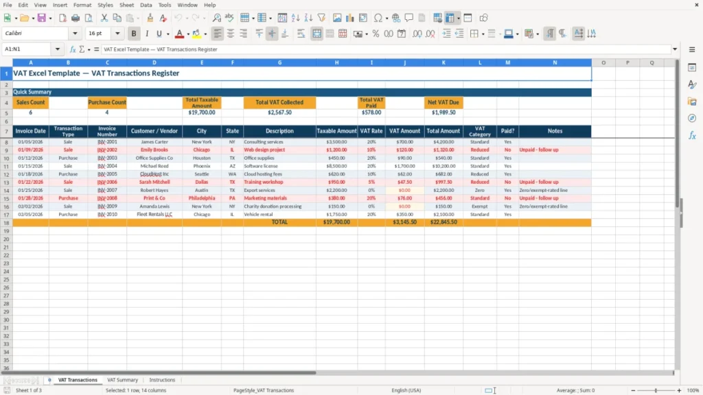 VAT Transactions – VAT Excel – Free Template (2026)