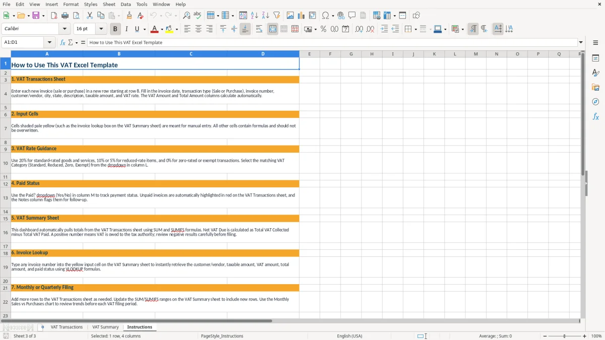 Screenshot 3: tab Instructions - Excel template vat excel template