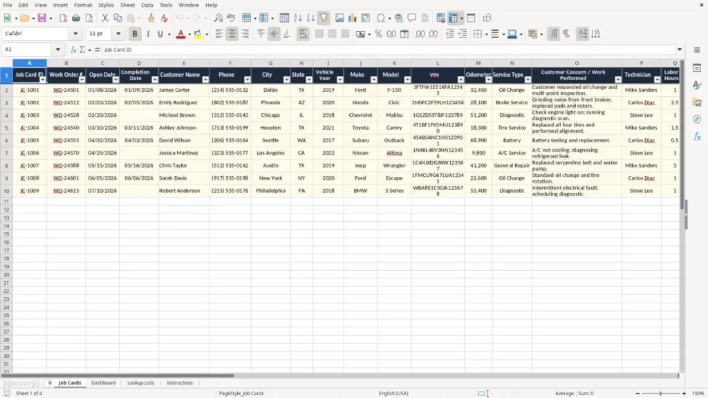 Job Cards – Vehicle Job Card Excel – Free Template (2026)