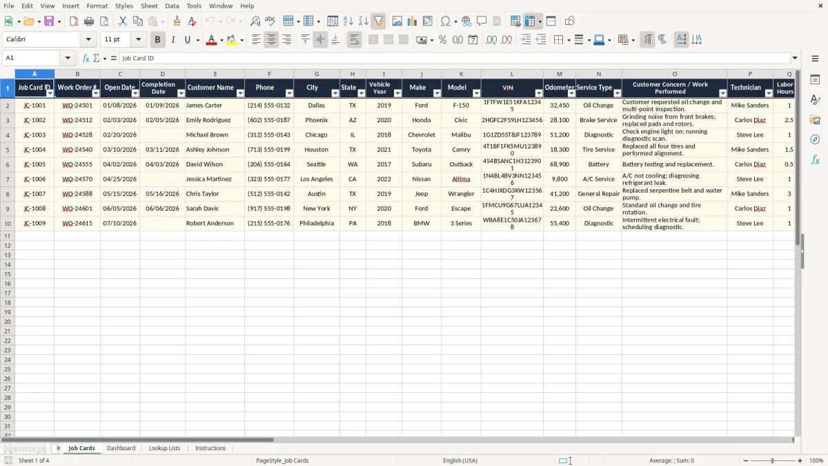 Screenshot 1: tab Job Cards - Excel template vehicle job card excel template