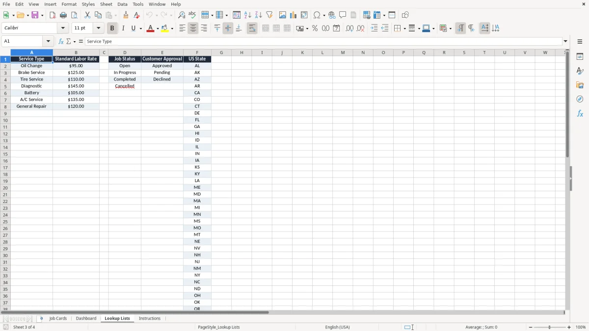 Screenshot 3: tab Lookup Lists - Excel template vehicle job card excel template