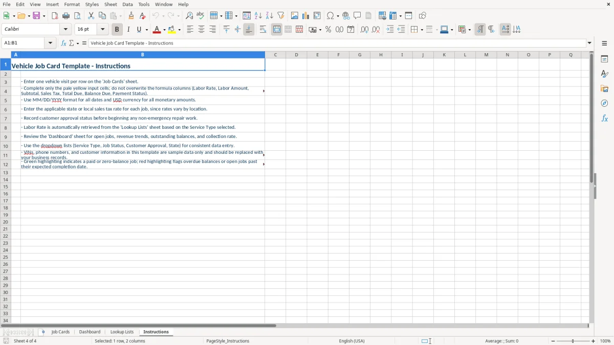 Screenshot 4: tab Instructions - Excel template vehicle job card excel template