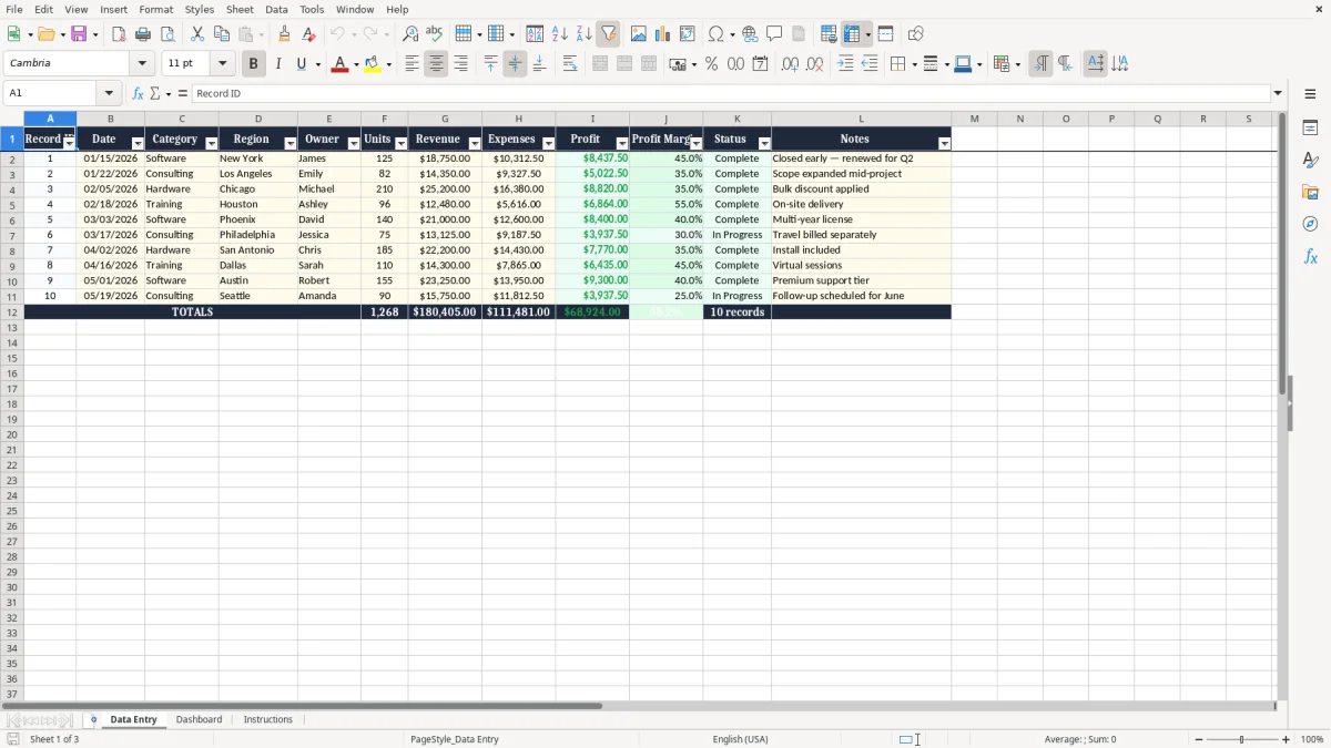 Screenshot 1: tab Data Entry - Excel template bar chart excel template