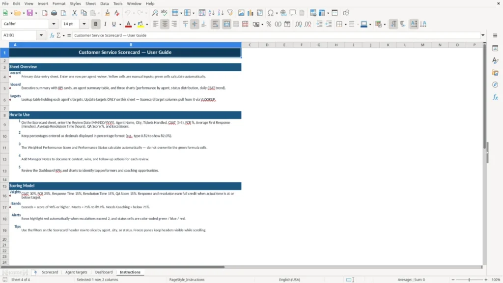 Instructions – Customer Service Scorecard Excel Template