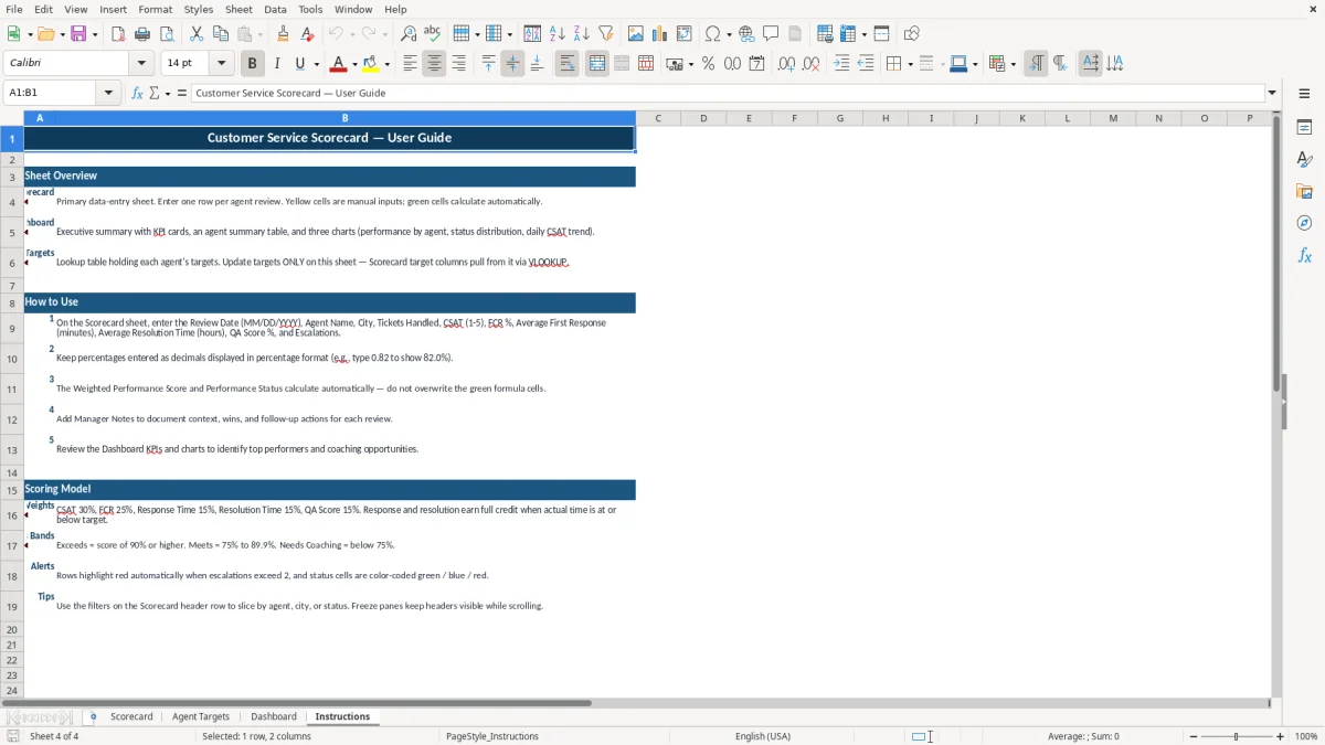 Screenshot 4: tab Instructions - Excel template customer service scorecard excel template