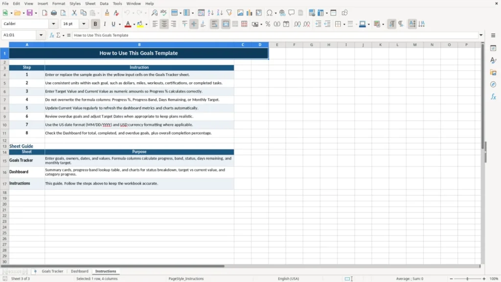 Instructions – Goals Excel Template