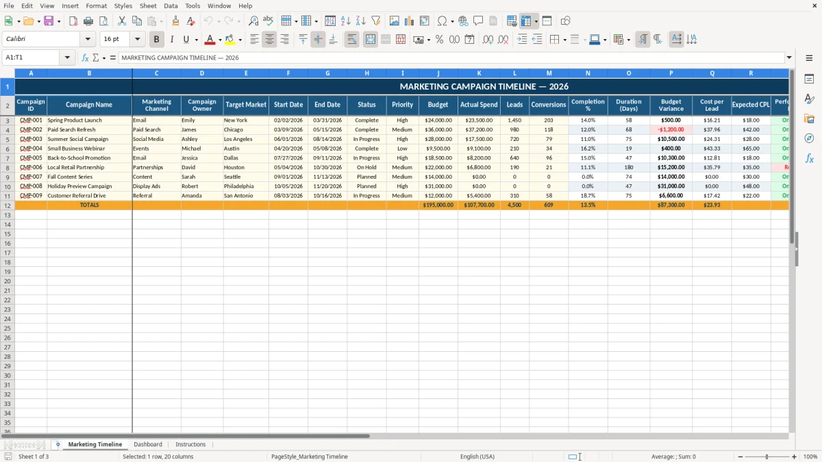 Screenshot 1: tab Marketing Timeline - Excel template marketing timeline excel template