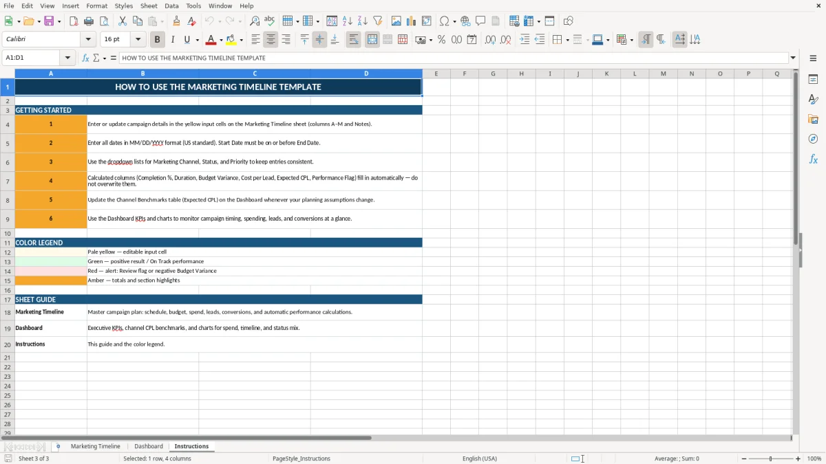 Screenshot 3: tab Instructions - Excel template marketing timeline excel template