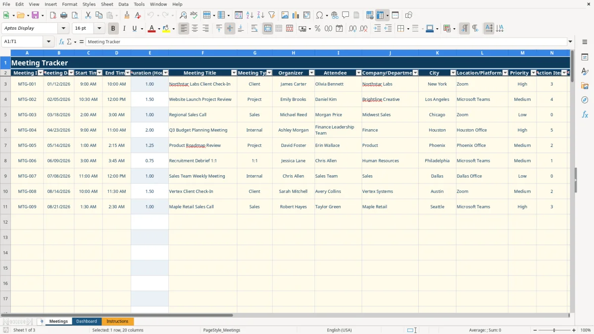 Screenshot 1: tab Meetings - Excel template meeting tracker excel template