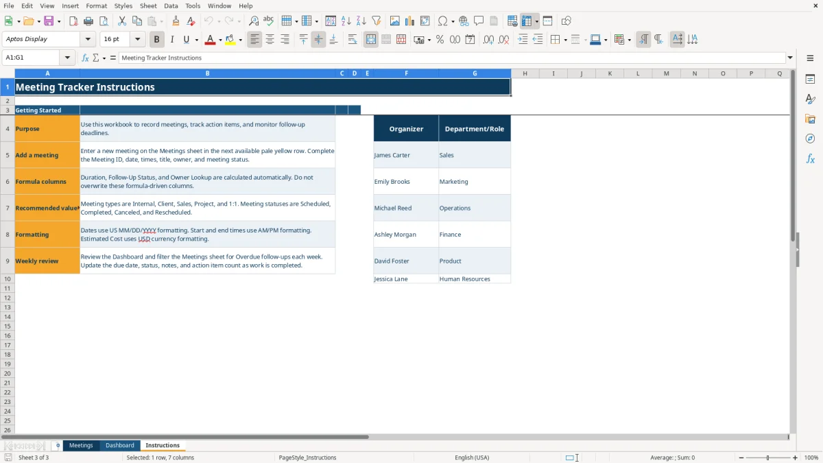 Screenshot 3: tab Instructions - Excel template meeting tracker excel template