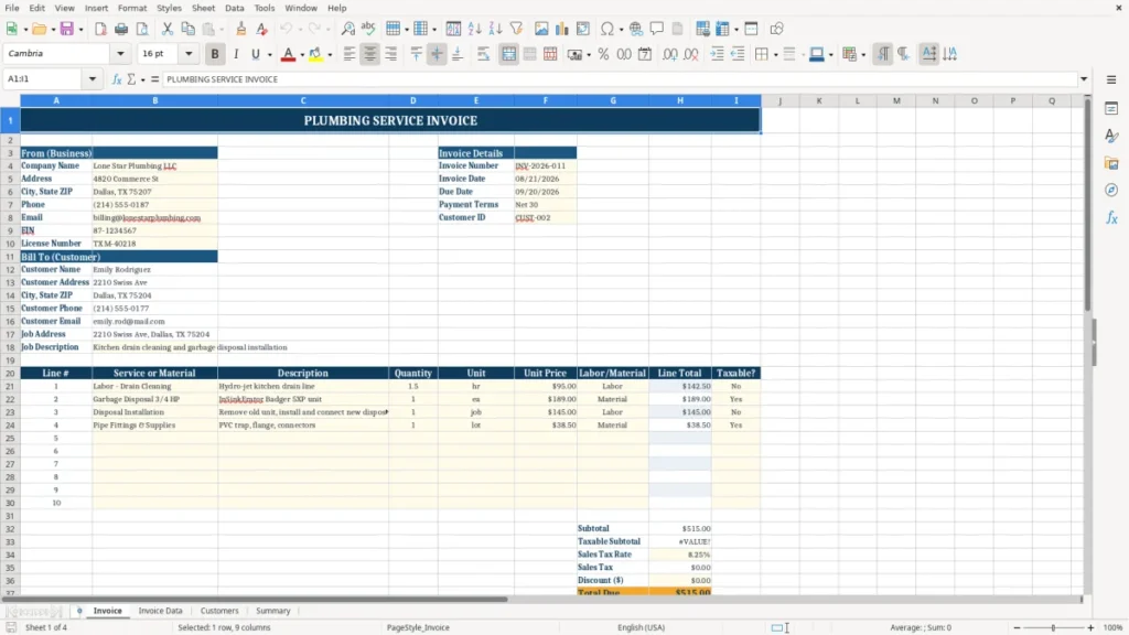 Invoice – Plumbing Invoice Excel – Free Template (2026)
