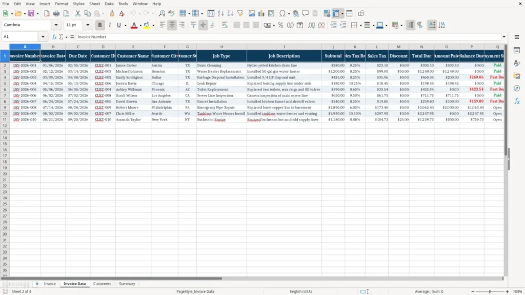 Invoice Data – Plumbing Invoice Excel – Free Template (2026)