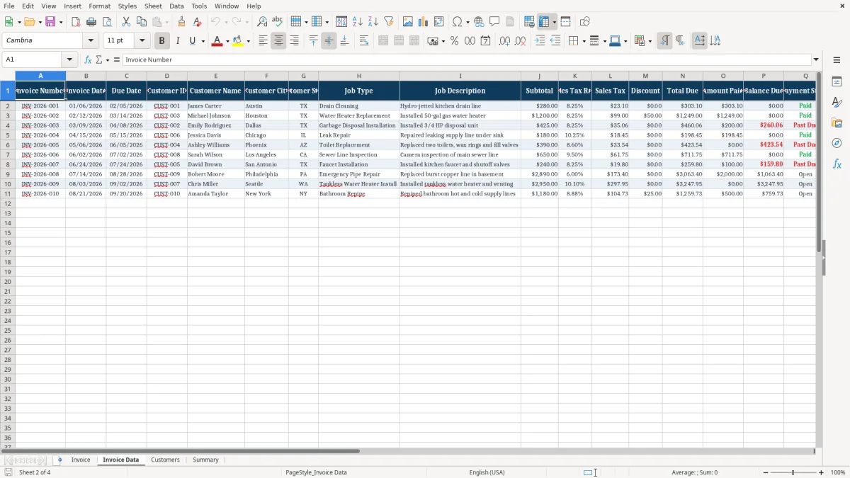Screenshot 2: tab Invoice Data - Excel template plumbing invoice excel template
