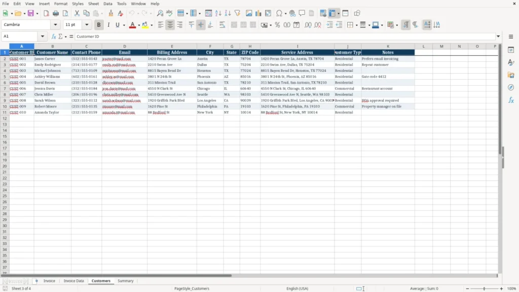 Customers – Plumbing Invoice Excel – Free Template (2026)