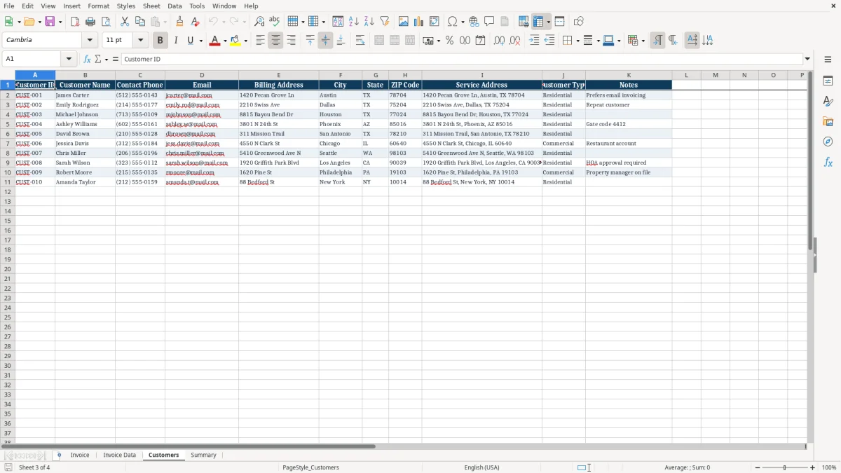 Screenshot 3: tab Customers - Excel template plumbing invoice excel template