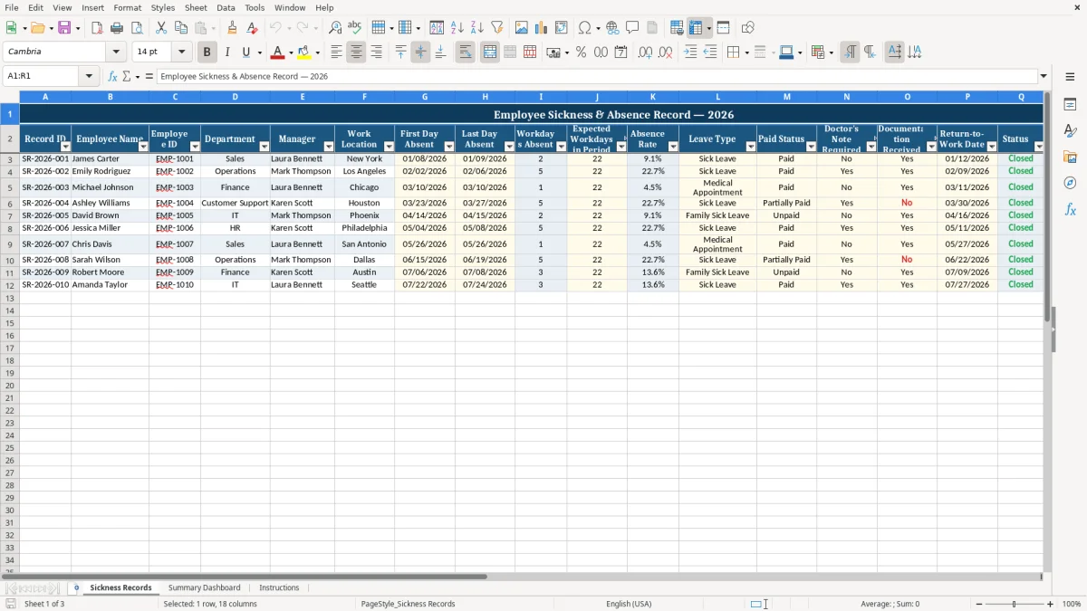 Screenshot 1: tab Sickness Records - Excel template sickness record excel template