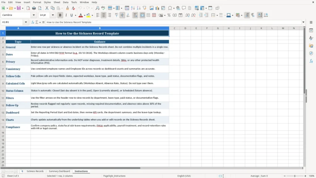 Instructions – Sickness Record Excel Template