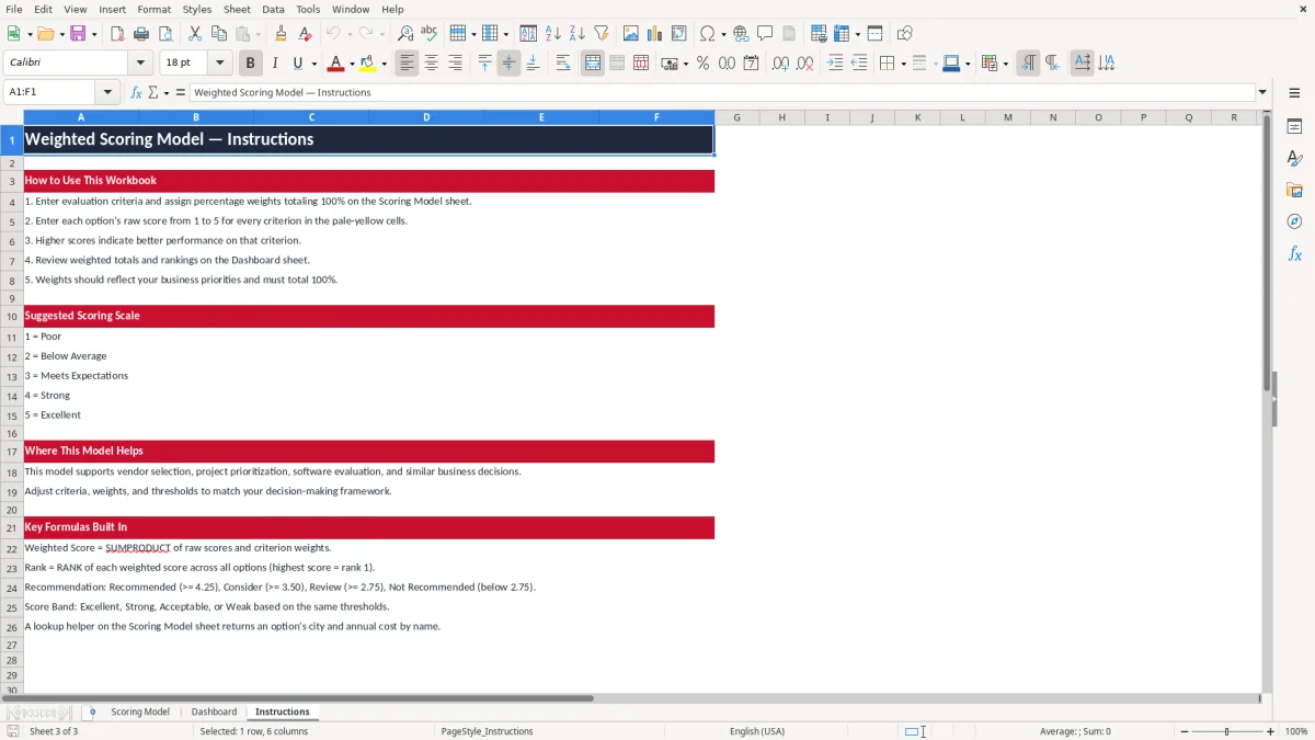 Screenshot 3: tab Instructions - Excel template weighted scoring model excel template