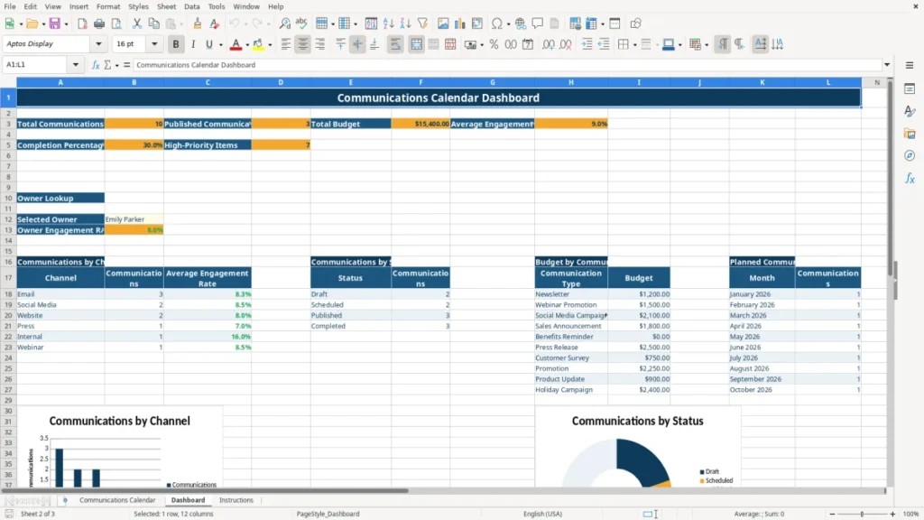 Dashboard – Communications Calendar Excel Template – Free (2026)