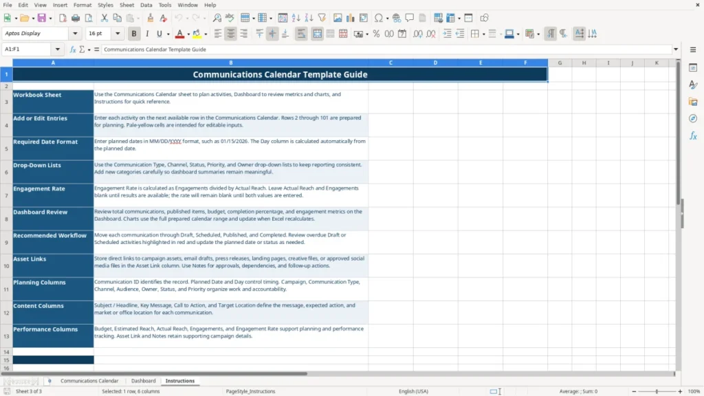 Instructions – Communications Calendar Excel Template – Free (2026)