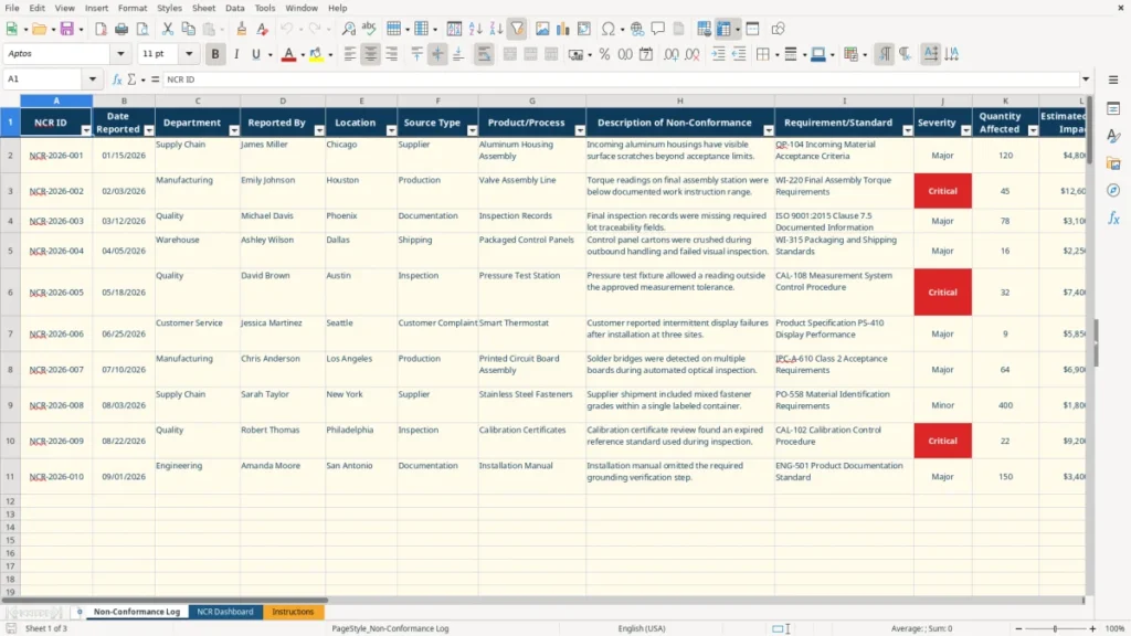 Non-Conformance Log – Non-Conformance Report Excel Template – Free (2026)